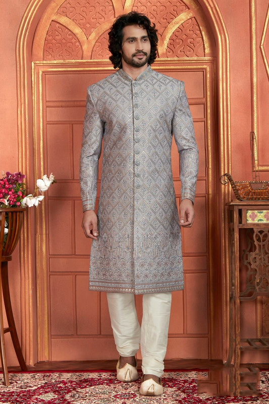 Light Grey Art Silk Sherwan With Churidar Pant  NCSH12310322