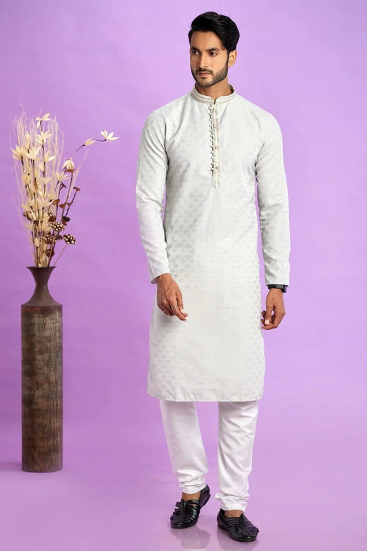Light Grey Jacquard Art Silk Pintex Kurta Pajama NCKP12310173