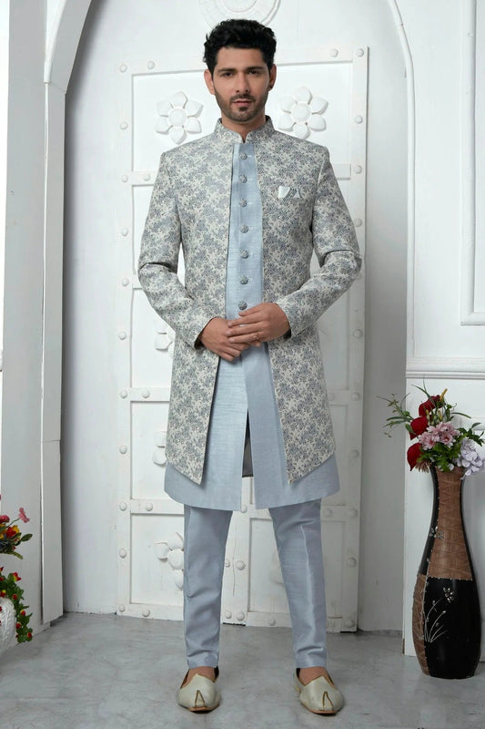 Light Grey Jacquard Silk Indowestern Sherwan With Aligadhi Pant  NCSH12310336