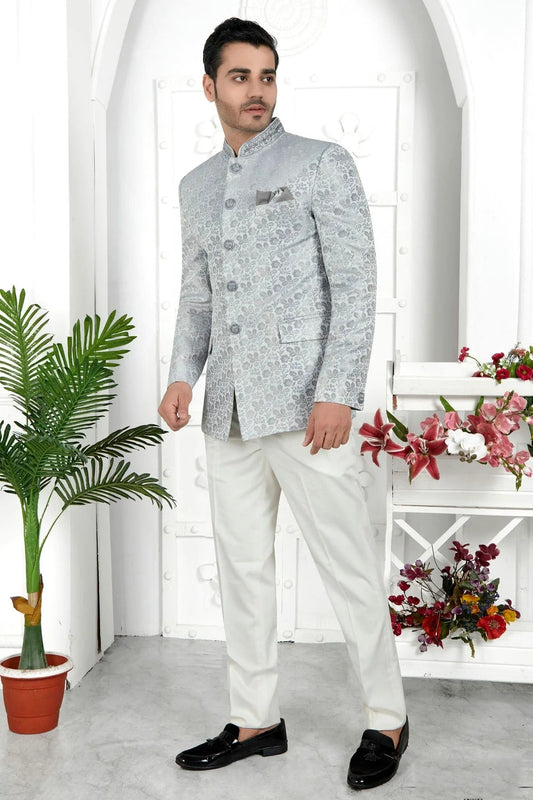 Light Grey Jacquard Silk Jodhpuri Jacket  NCJP12310271