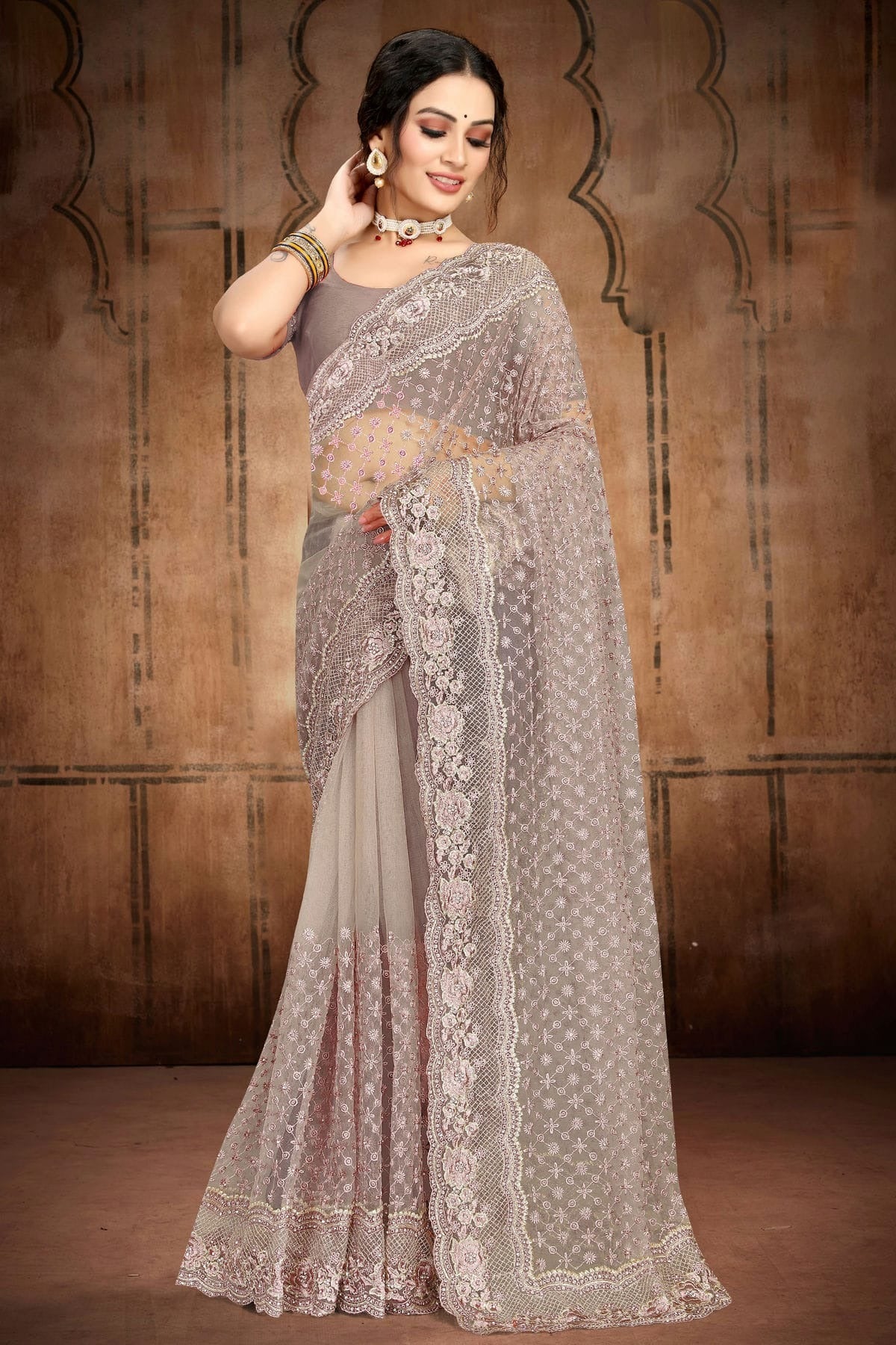 Light Grey Net Saree NCSD10910439