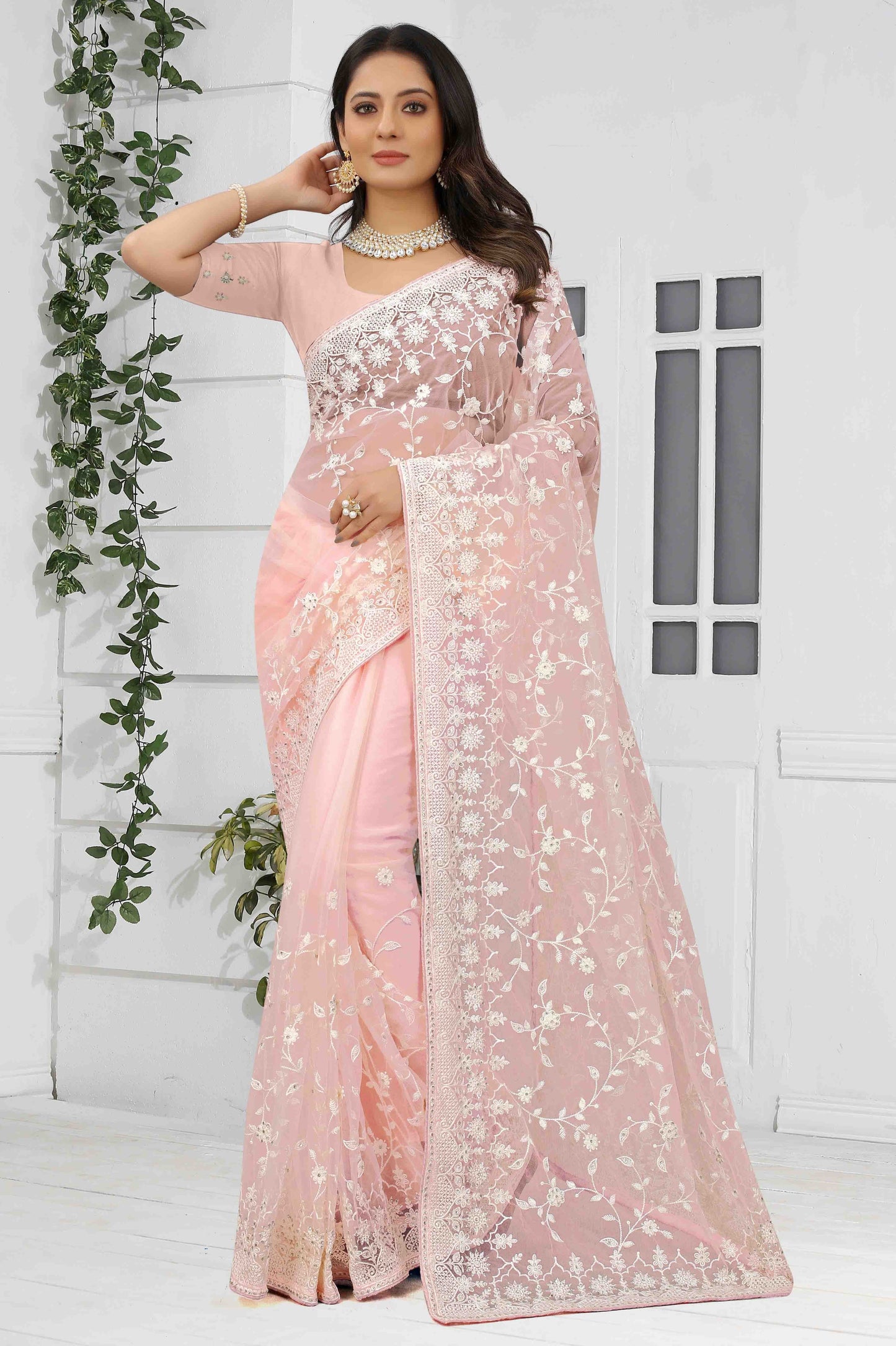 Light Peach Net Designer Saree NCSD10910745