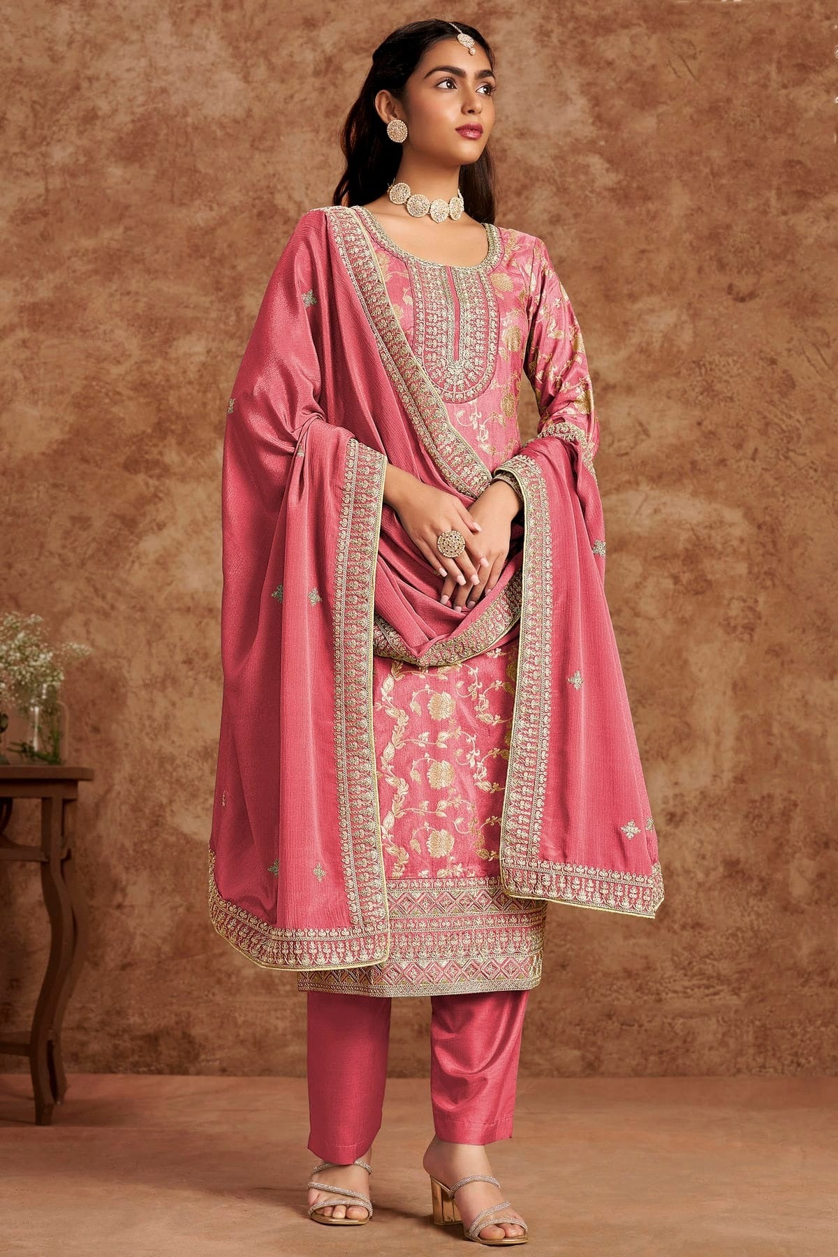 Light Pink Dolla Silk Jacquard Straight Suit NCSM10510144