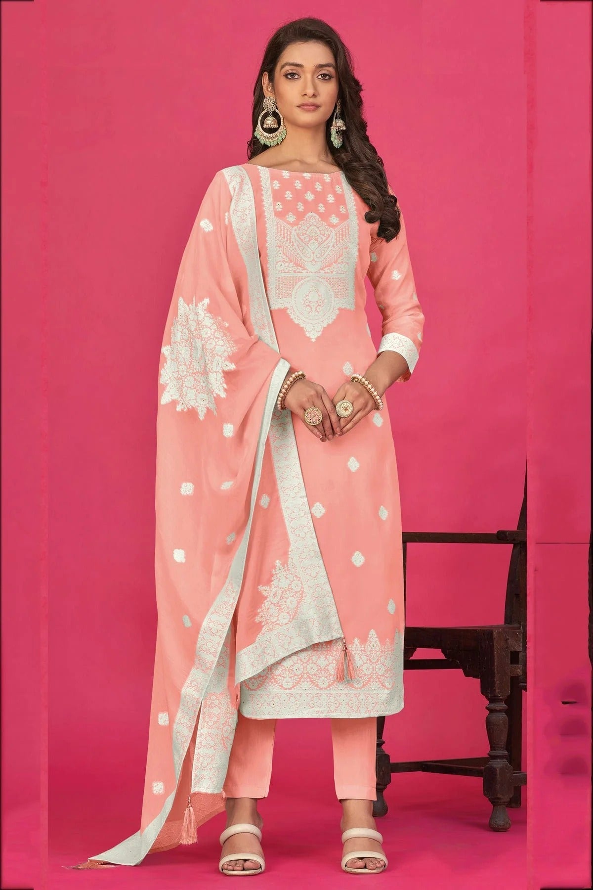Light Pink Semi Stitched Jacquard Straight Suit NCSM11410501