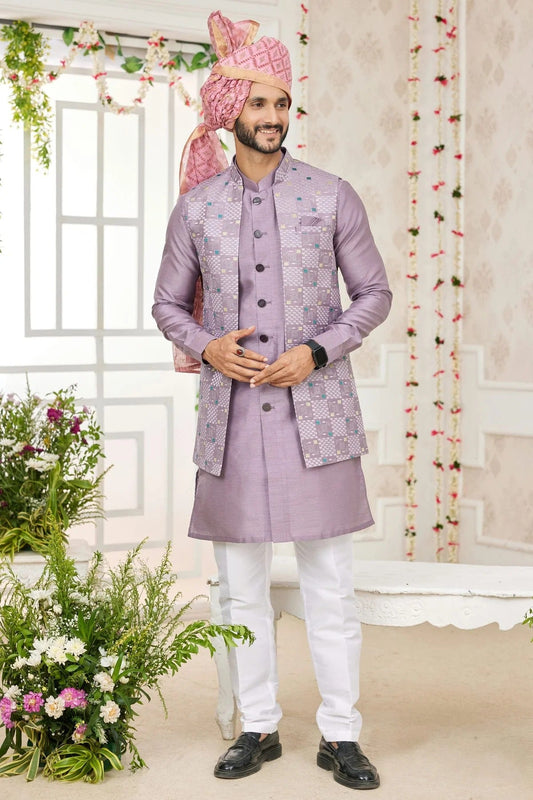 Light Purple Art Silk Kurta PajamaWith Jacket  NCKP12310110