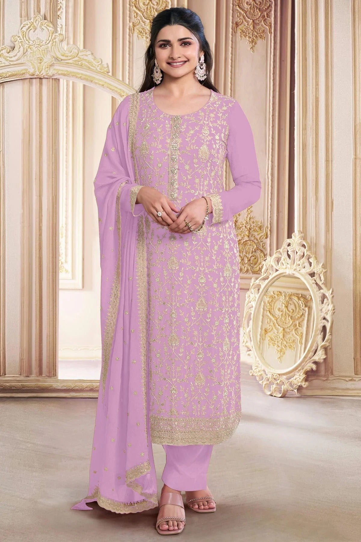 Light Purple Faux Georgette Semi Stitched Pant Style Suit NCSM11410425