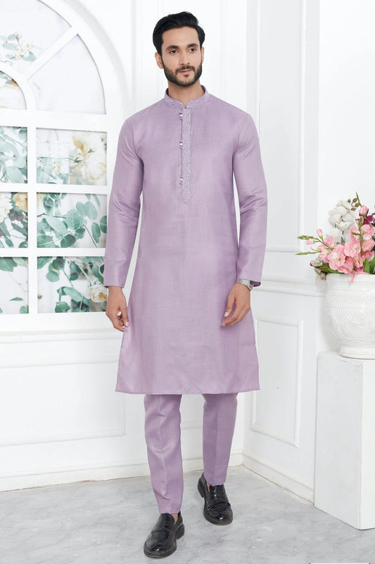 Light Purple Linen Cotton Thread Kurta Pajama NCKP12310239