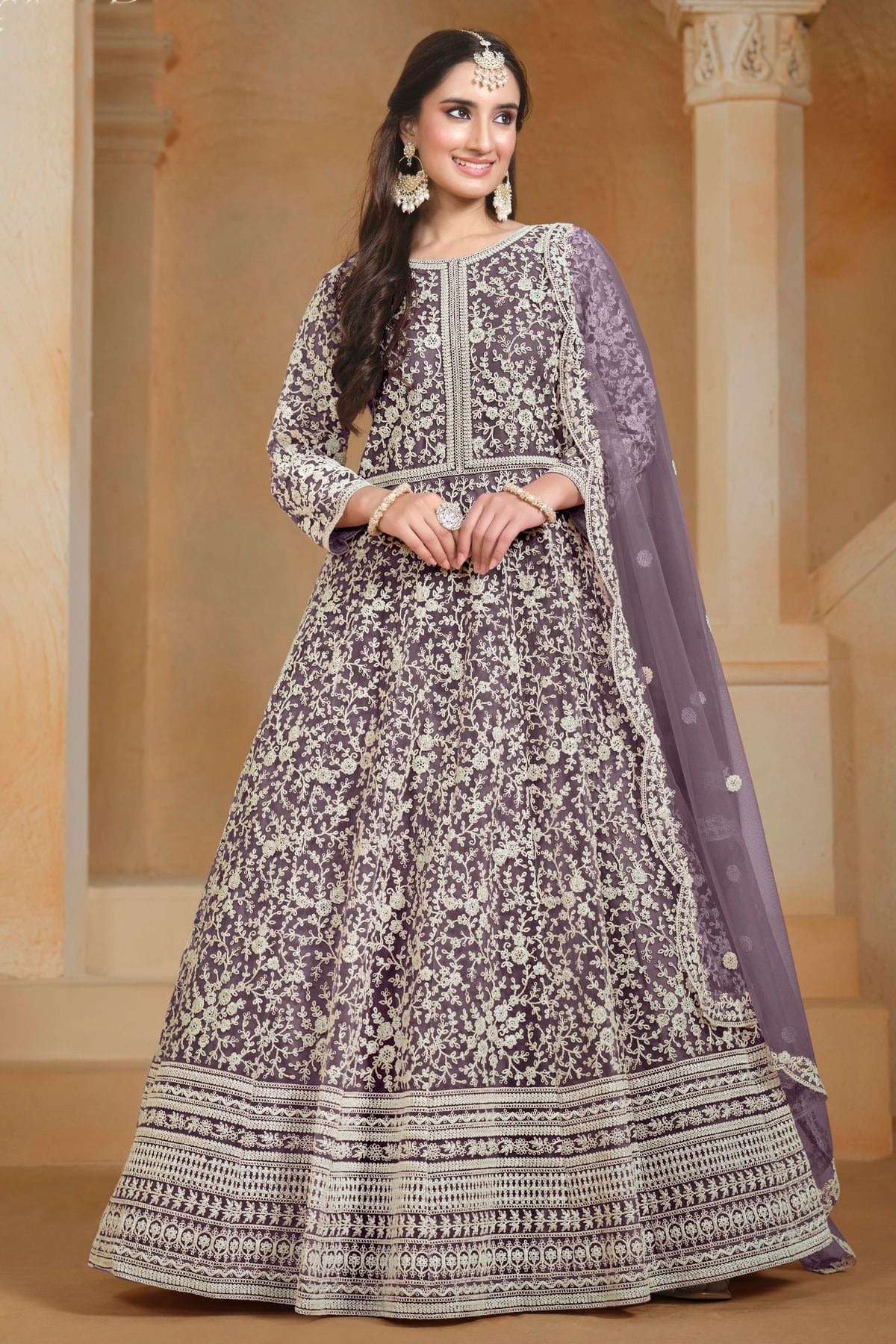 Light Purple Net Semi Stitched Anarkali Suit NCSM10510178