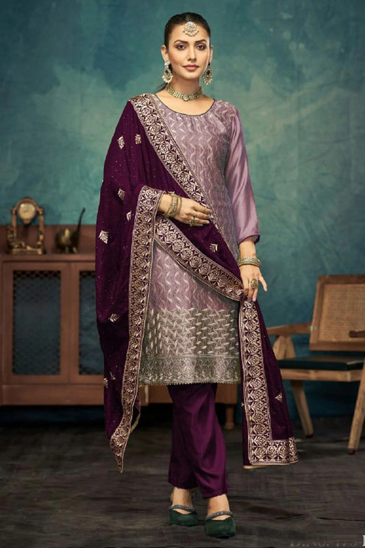 Light Purple Semi Stitched Vichitra Silk Pant Style Suit NCSM11410415