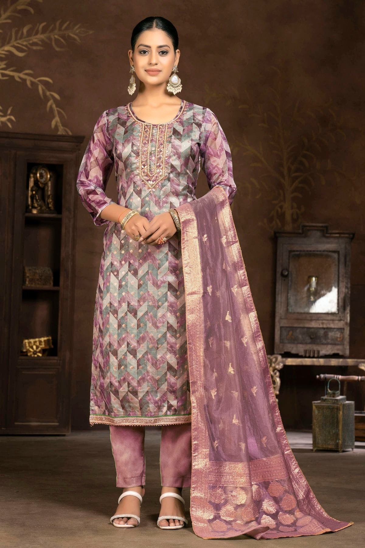 Light Purple Unstitched Organza Jacquard Pant Style Suit NCUS11610124