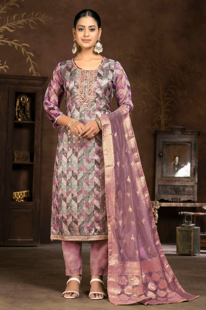 Light Purple Unstitched Organza Jacquard Pant Style Suit NCUS11610124