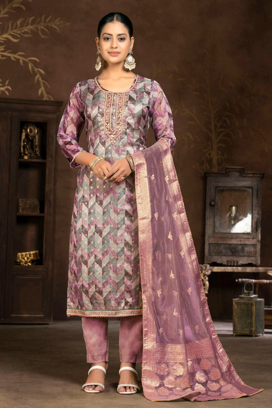 Light Purple Unstitched Organza Jacquard Pant Style Suit NCUS11610124