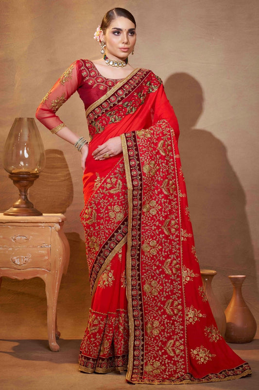 Light Red Embroidery Vichitra Silk Designer Saree NCSD11110626