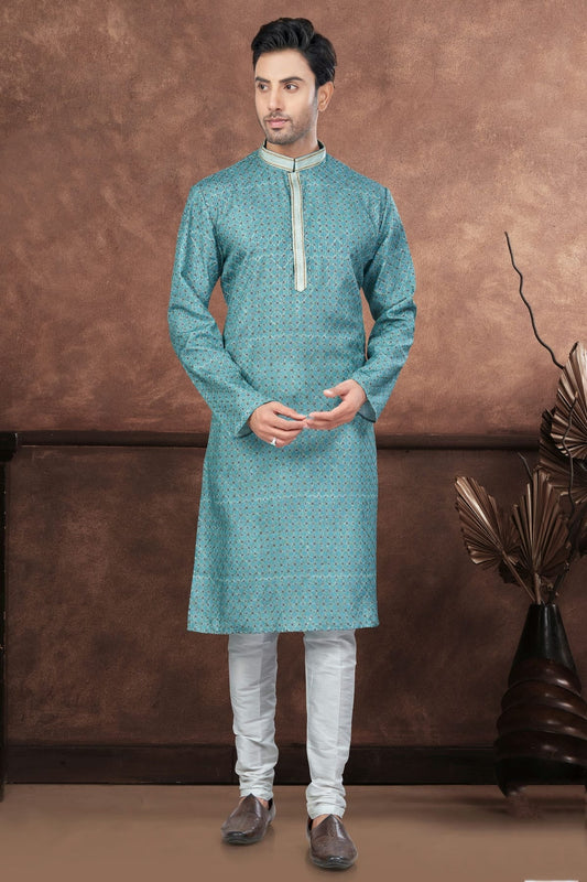 Light Teal Jacquard Kurta Pajama NCKP10410127