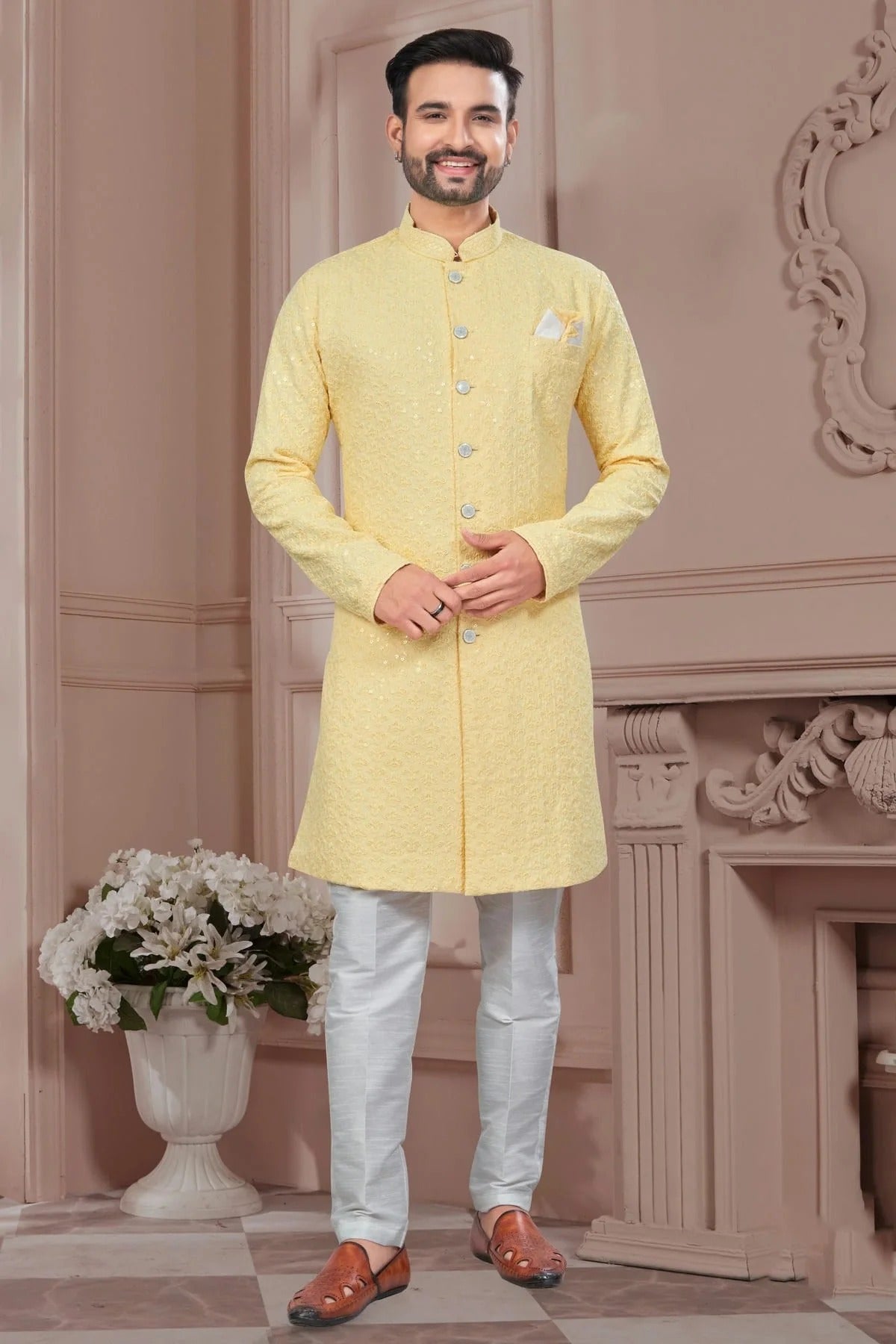 Light Yellow Silk Dupion Sherwani NCSH10410192