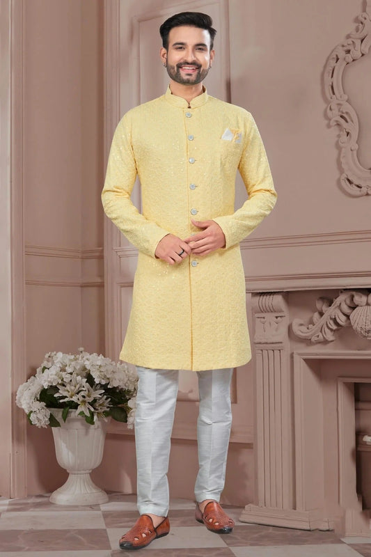 Light Yellow Silk Dupion Sherwani NCSH10410192