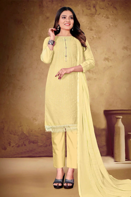 Light Yellow Unstitched Cotton Pant Style Suit NCUS11610279