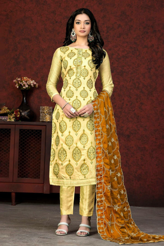Light Yellow Unstitched Modal Chanderi Straight Suit NCUS11610358