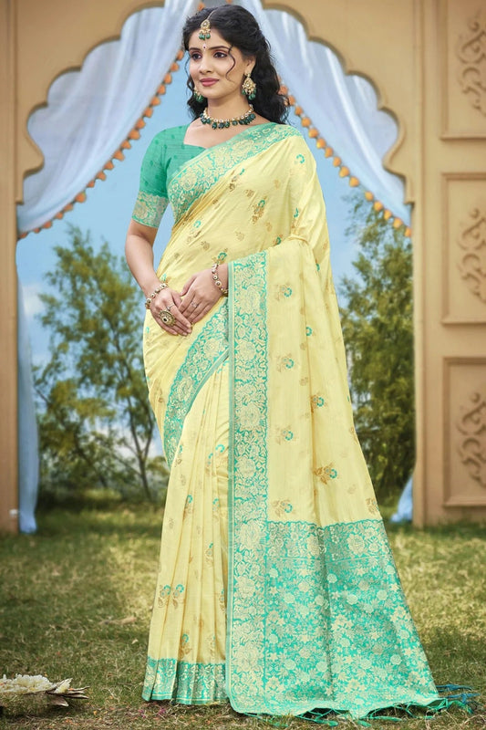 Light Yellow Woven Banarasi Silk Traditional Saree NCSD11010192