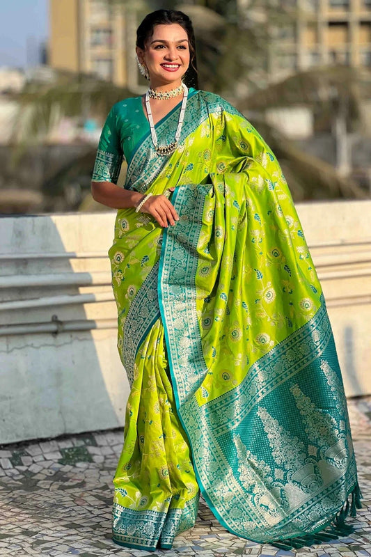 Lime Green Banarasi Silk Meenakari Traditional Saree NCSD11110449