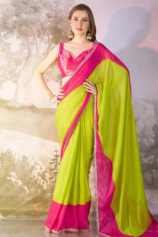 Lime Green Chiffon Saree NCSD11111040