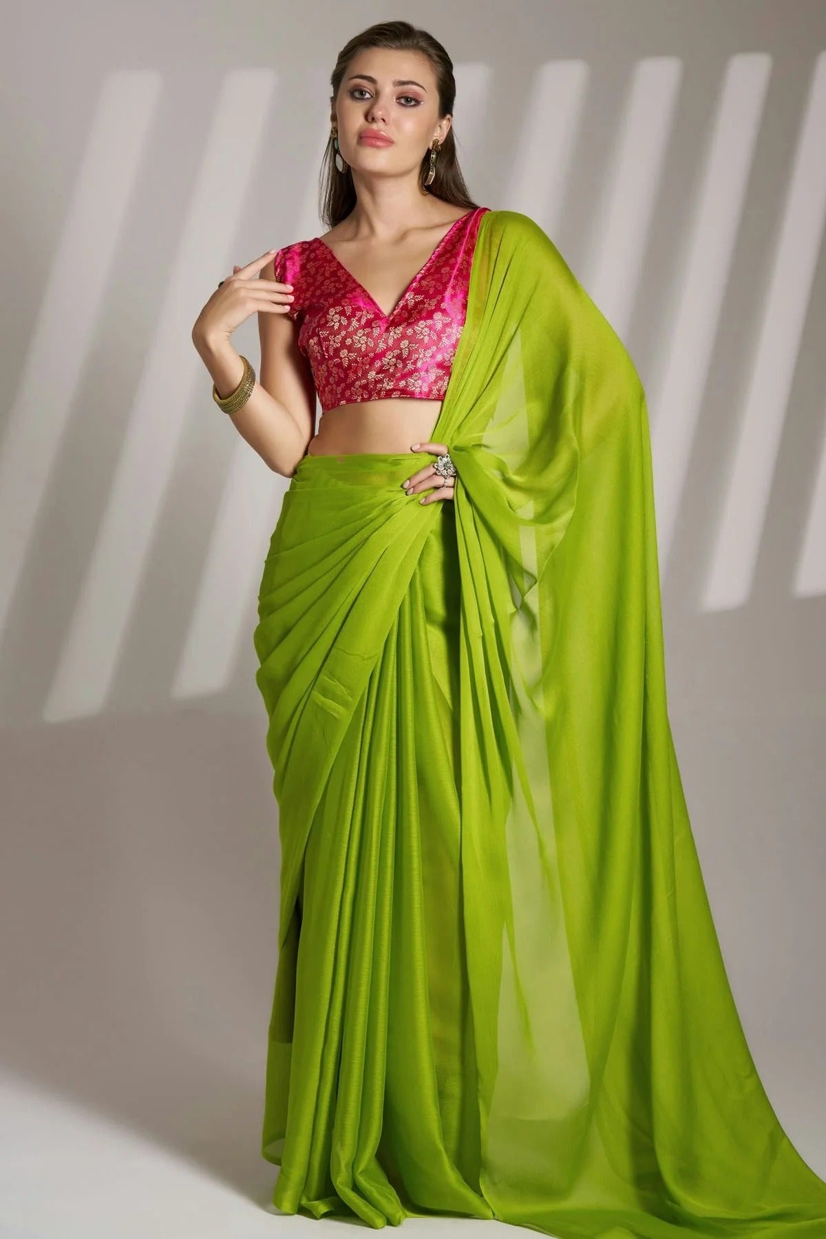 Lime Green Chiffon Saree NCSD11111049