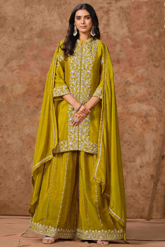 Lime Green Chinon Semi Stitched Palazzo Pant Suit NCSM10510129