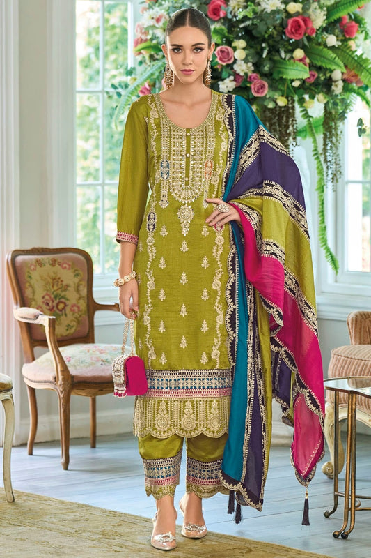 Lime Green Chinon Silk Pakistani Suit NCSM11410380