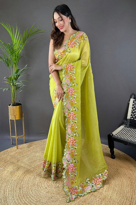 Lime Green Glossy Silk Designer Saree NCSD11111675