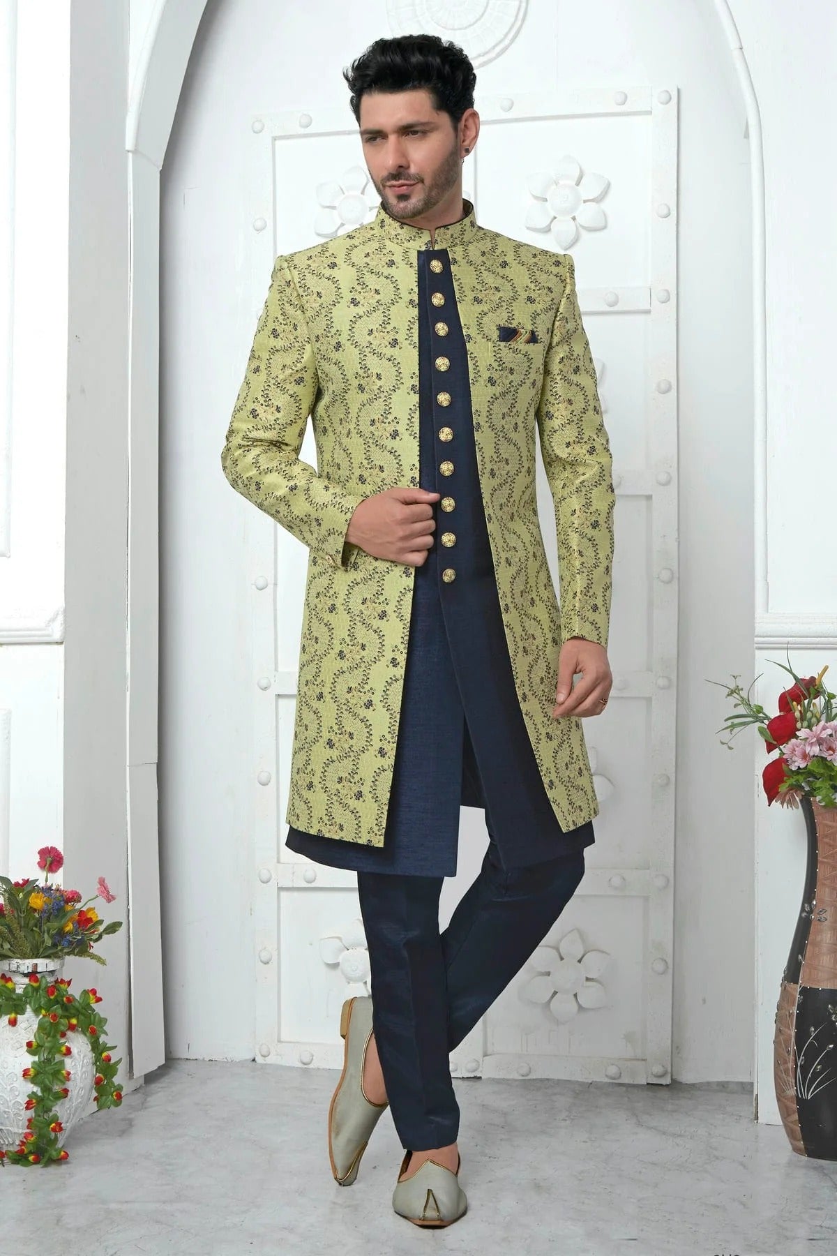 Lime Green Jacquard Silk Indowestern Sherwan With Aligadhi Pant  NCSH12310337