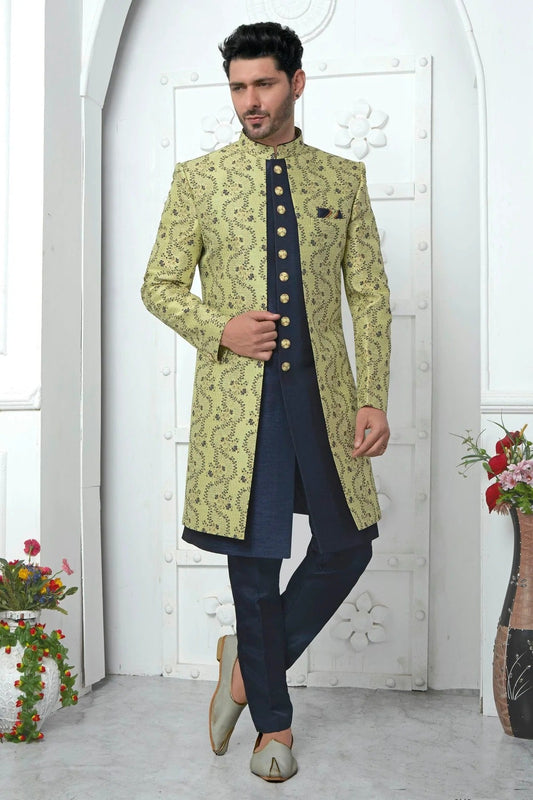 Lime Green Jacquard Silk Indowestern Sherwan With Aligadhi Pant  NCSH12310337