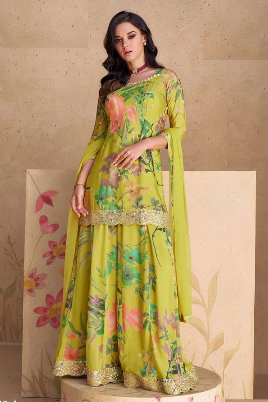 Lime Green Semi Stitched Chinon Palazzo Pant Suit NCSM11410491