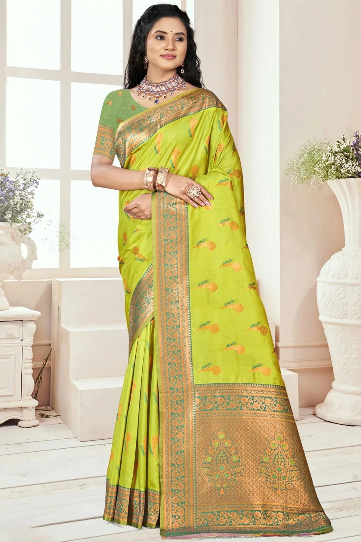 Lime Green Silk Woven Traditional Saree NCSD11010260