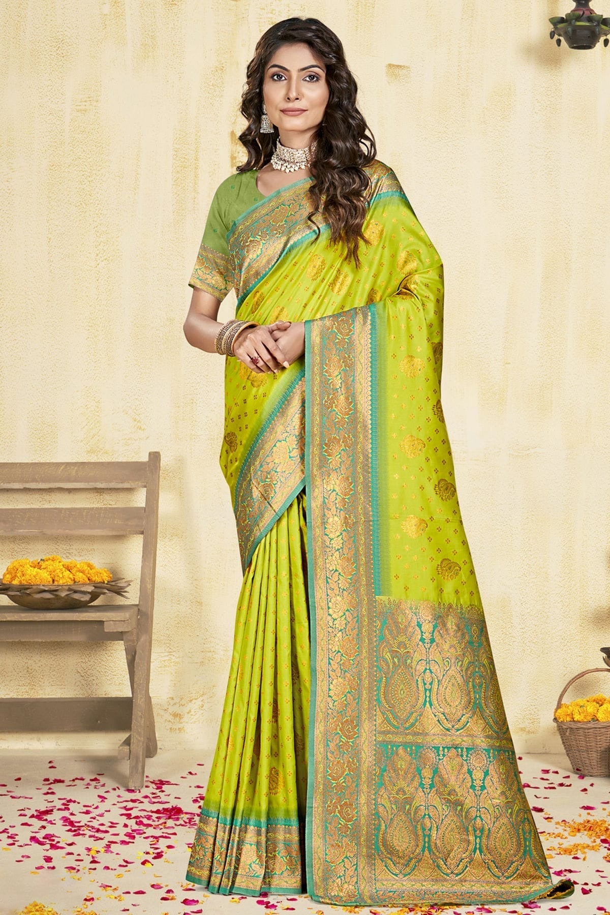 Lime Green Silk Woven Traditional Saree NCSD11010346
