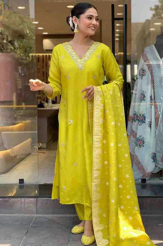 Lime Green Viscose Chanderi Embroidery Pant Style Suit NCSS11110307
