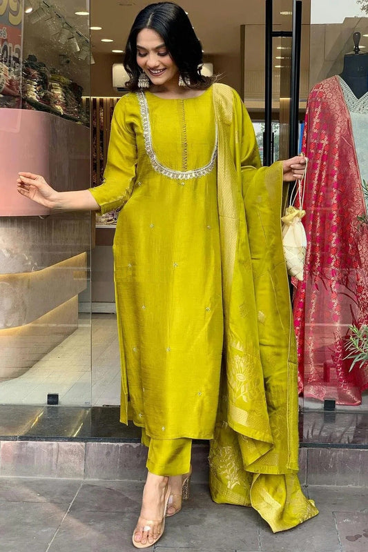 Lime Green Viscose Chanderi Stitched Salwar Suit NCSS11111923