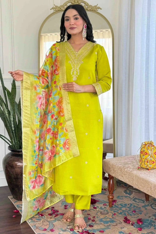 Lime Green Viscose Chanderi Stitched Suit NCSS11110674