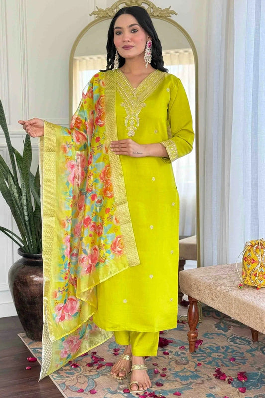 Lime Green Viscose Chanderi Stitched Suit NCSS11110693