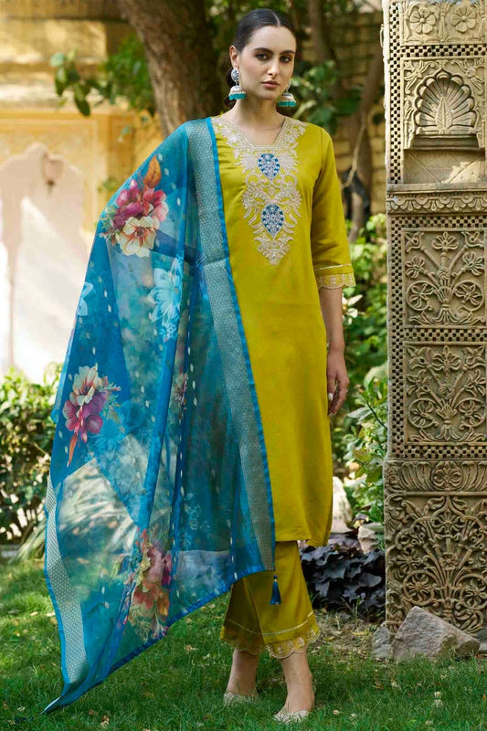 Lime Green Viscose Rayon Embroidery Pant Style Suit NCSS11110375