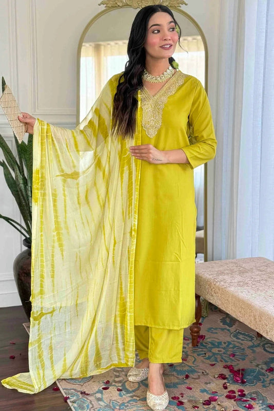 Lime Green Viscose Slub Stitched Suit NCSS11110931