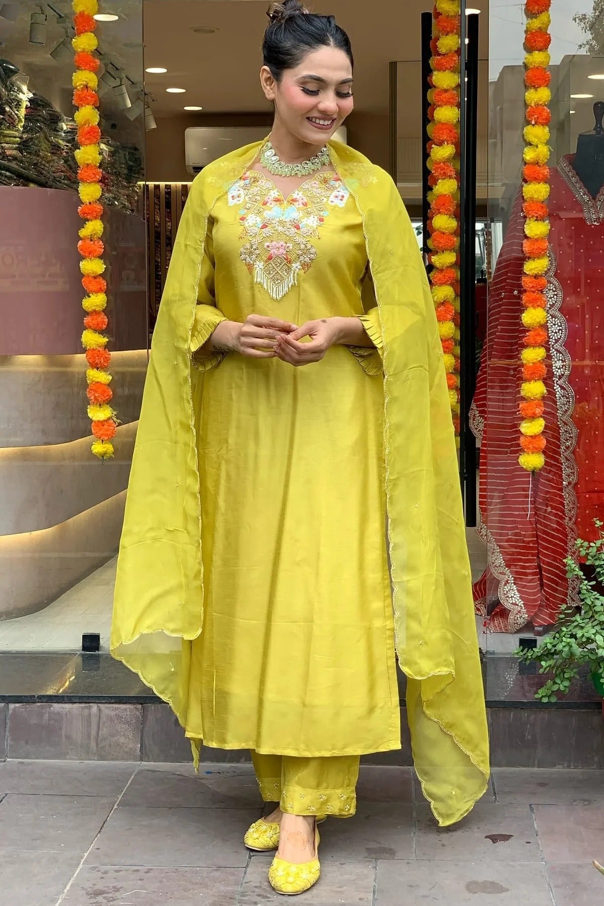 Lime Yellow Embroidery Chanderi Silk Stitched Suit NCSS11111292