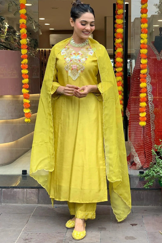 Lime Yellow Embroidery Chanderi Silk Stitched Suit NCSS11111292