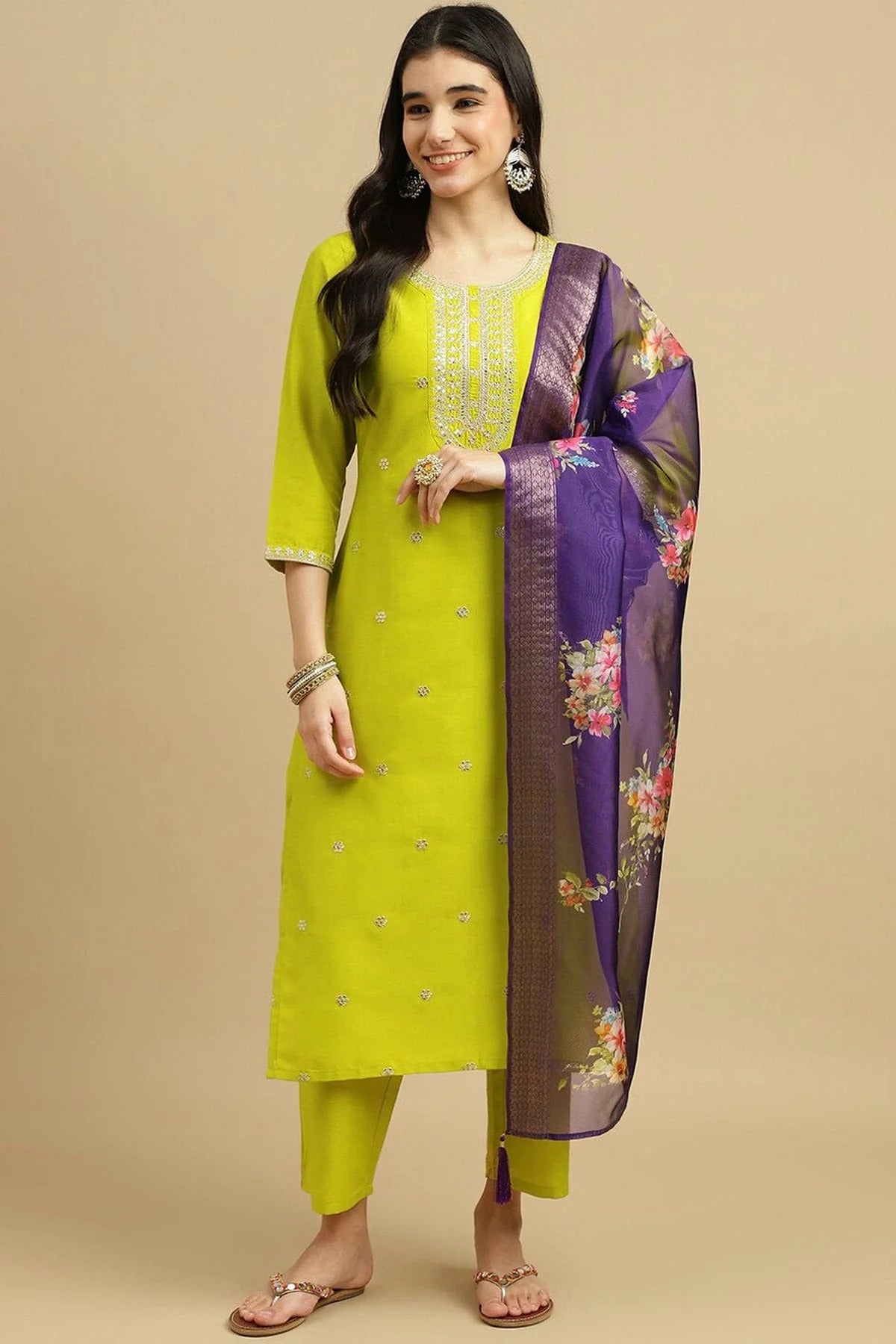 Lime Yellow Embroidery Chinon Stitched Suit NCSS11111288