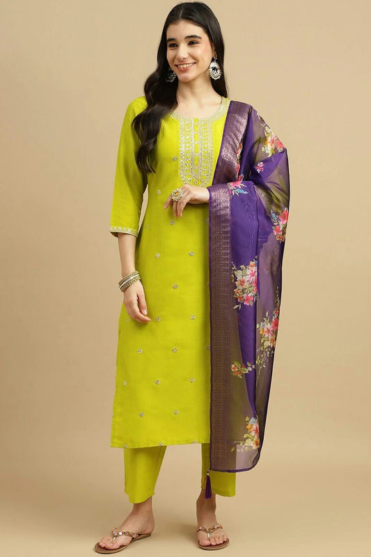 Lime Yellow Embroidery Chinon Stitched Suit NCSS11111288