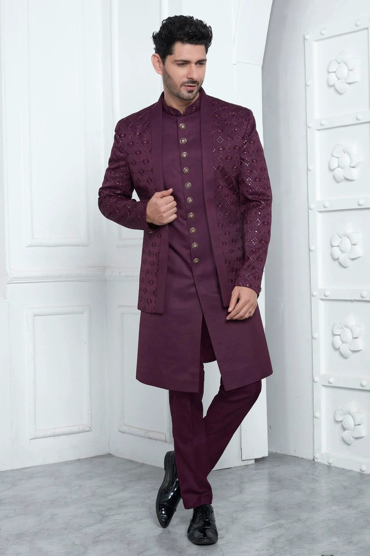 Magenta Art Silk Indowestern Sherwan With Aligadhi Pant  NCSH12310353
