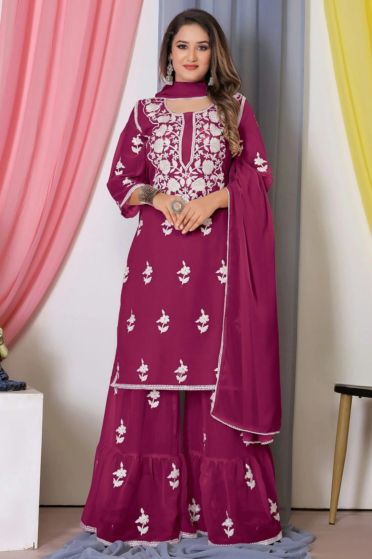Magenta Bamber Georgette Sharara Suit NCSM11112406