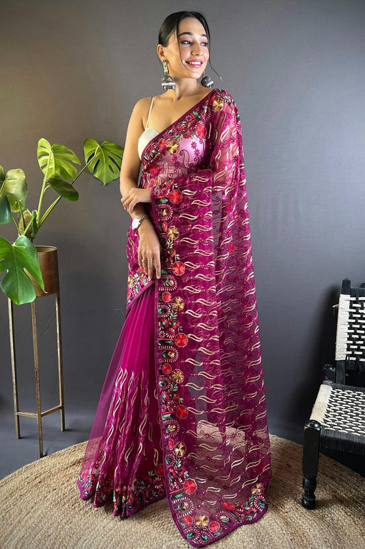 Magenta Butterfly Net Designer Saree NCSD11111677