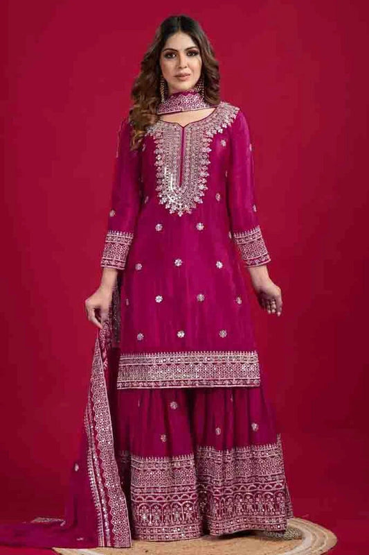 Magenta Chinon Silk Stitched Sharara Suit NCSS11410272