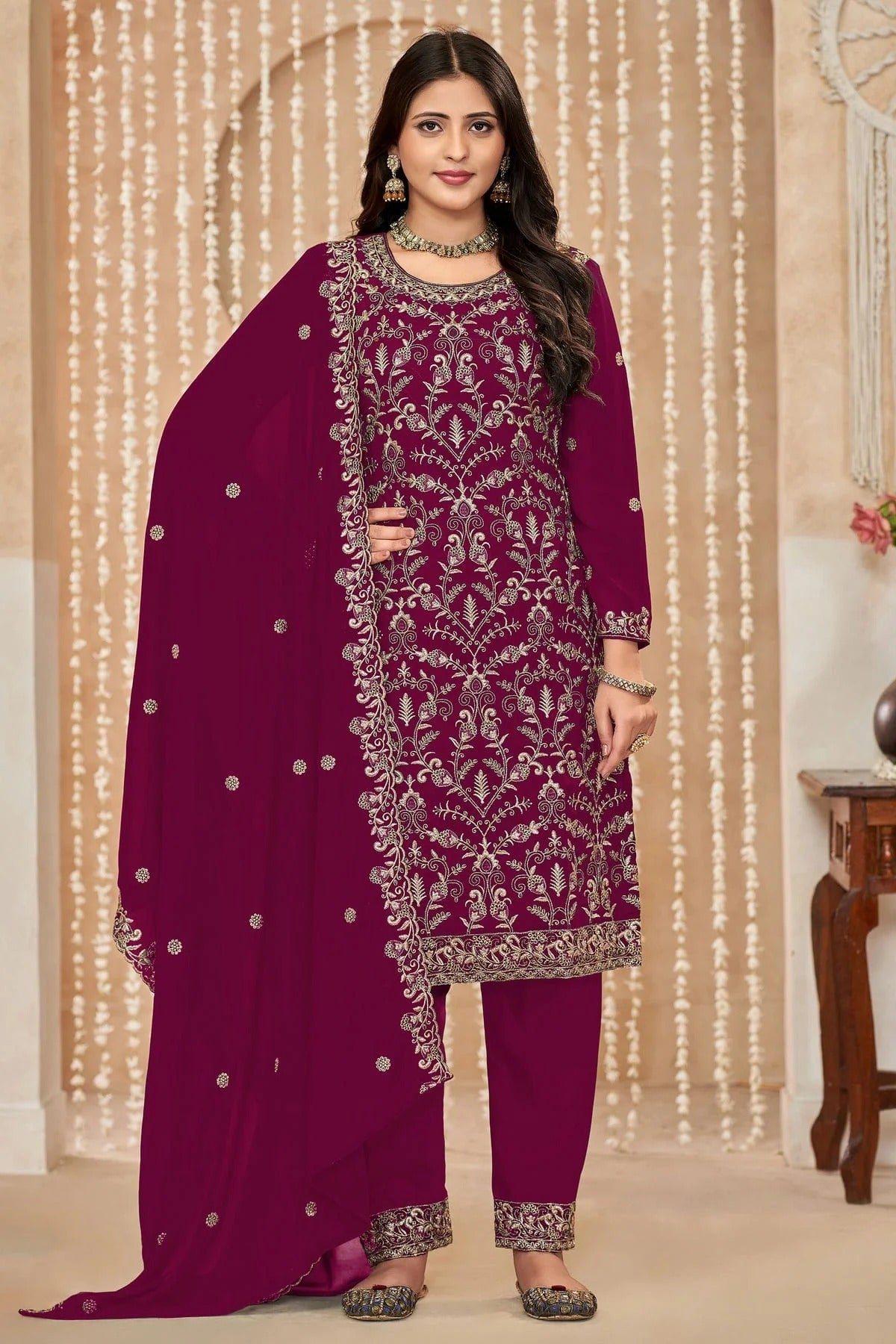 Magenta Faux Georgette Pant Style Suit NCSM10510195