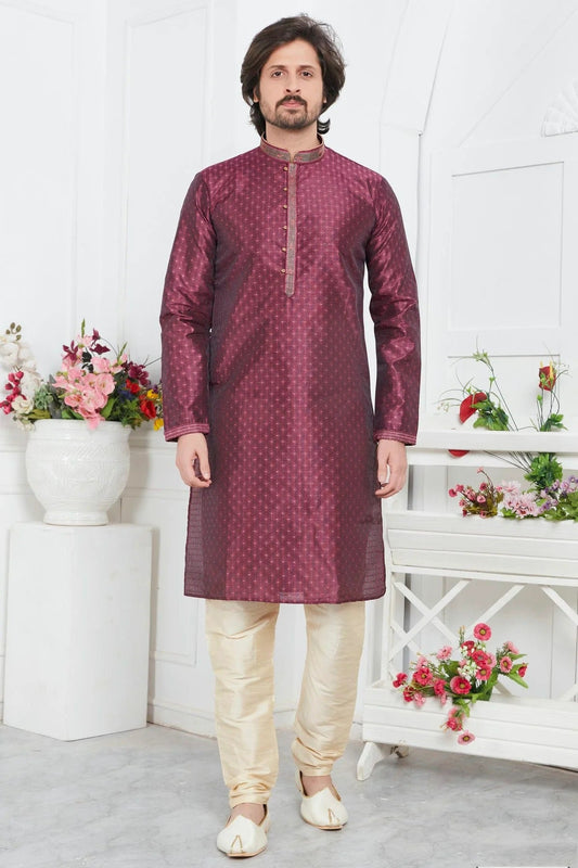 Magenta Jacquard Silk Brocade Kurta Pajama NCKP12310158